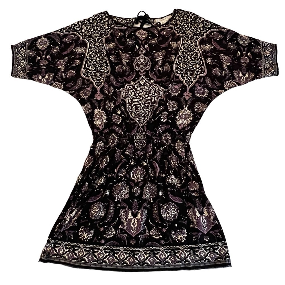 Studio M Elaborate Purple Floral Tie-back Loose Sleeve Dress Size M Smocked